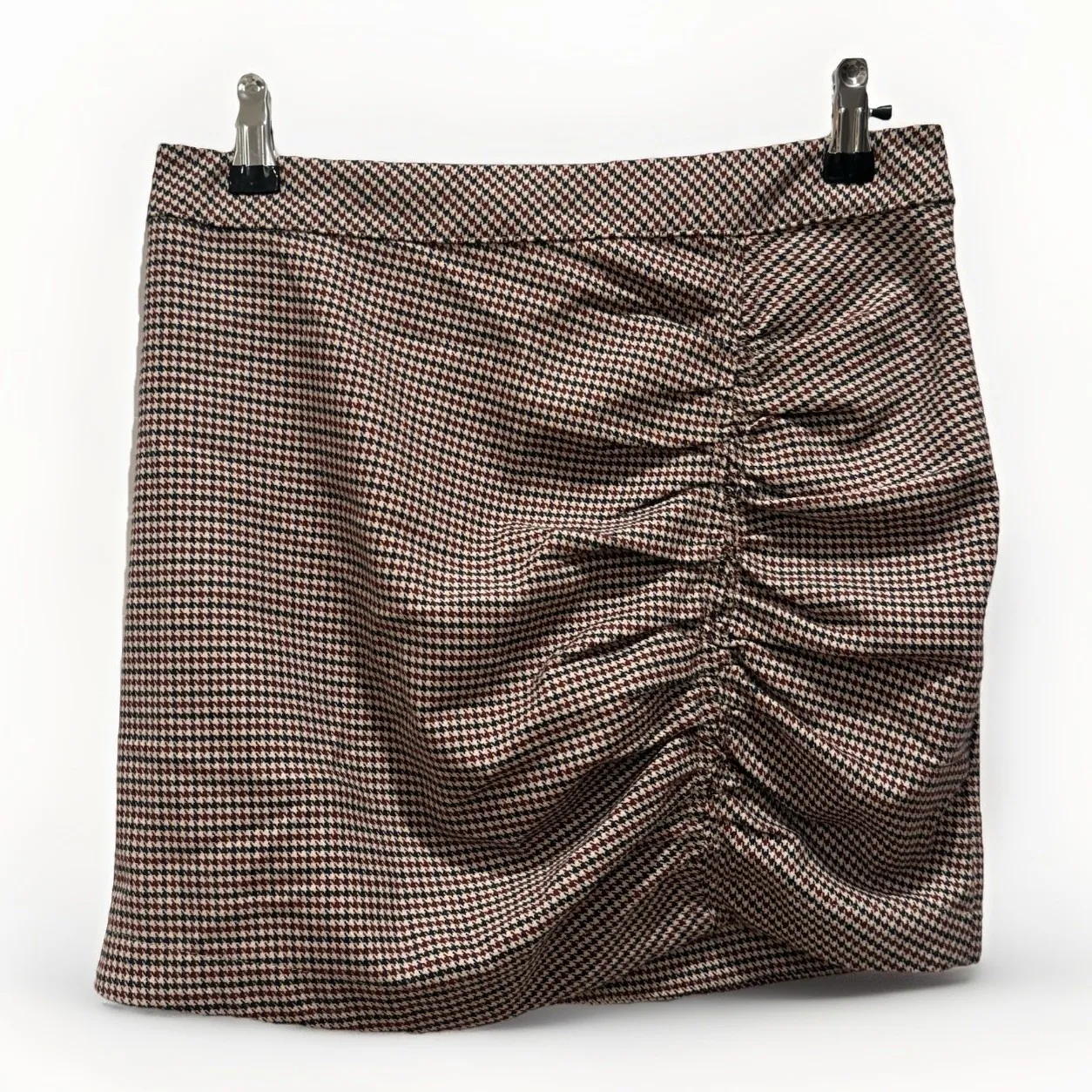 Free People Womens 2 Small Mini Skirt Ruched Plaid Houndstooth Brown Academia‎ - Image 2