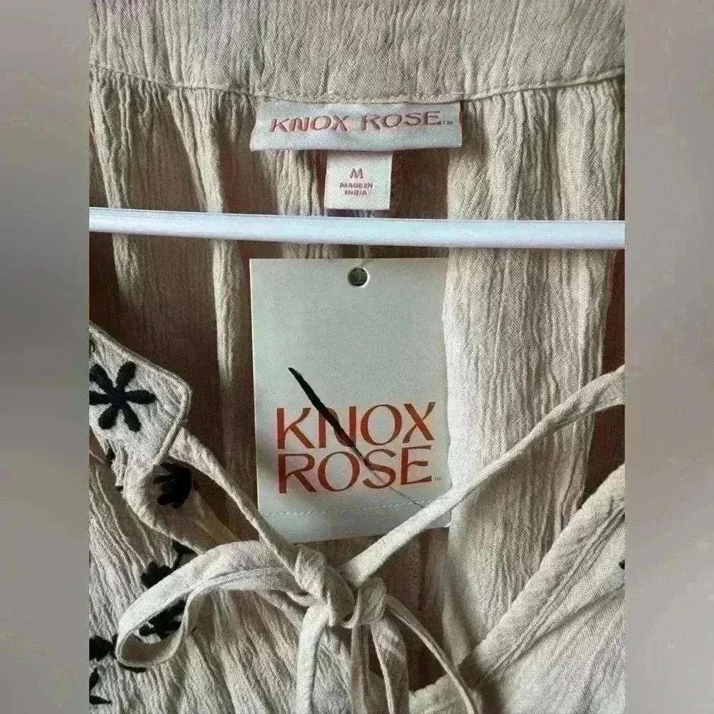 Knox Rose NWT Women’s Gauze Beige Bohemian‎ Embroidered Tassel Top Size M - Image 7
