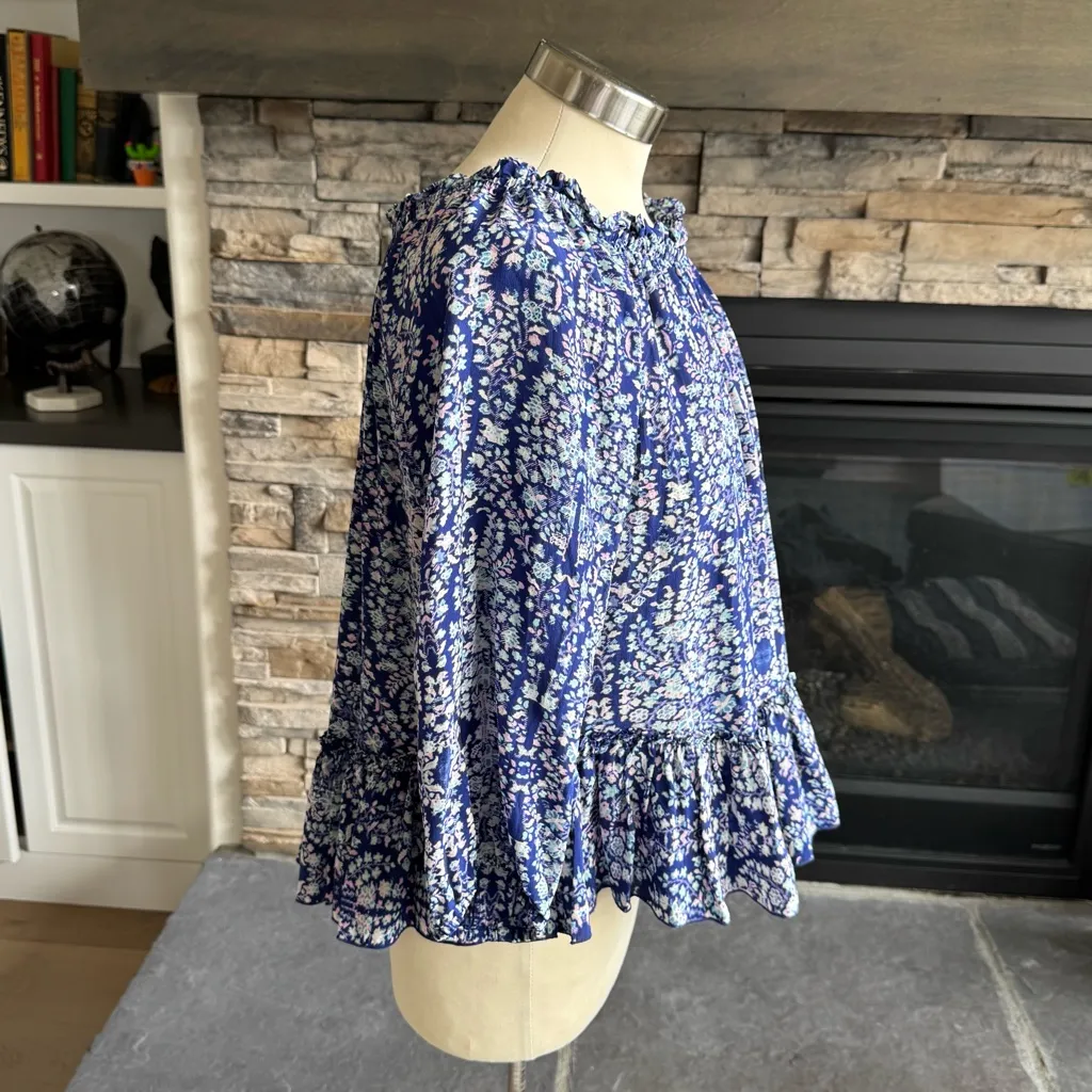 Rebecca Taylor Blue and White Ruffled Blouse with Flutter Sleeves EXCLUSIVE - Image 6