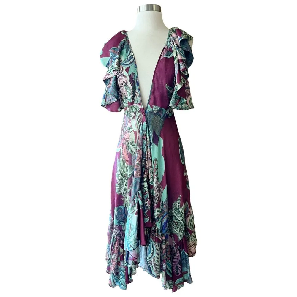 PATBO Tent Dress Red Floral Dress Ruffle Short Sleeves Plungeline Small EUC - Image 8