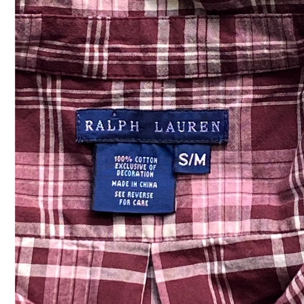 RALPH LAUREN Burgundy Plaid Cotton L/S Ruffle Shirt Mini Dress ~ Womens S / M - Image 6