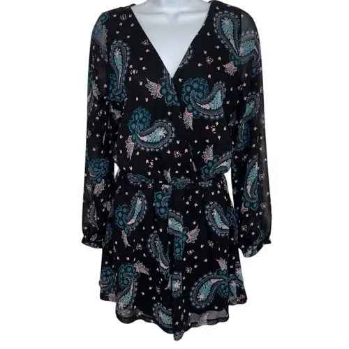 EXPRESS‎ Black With Pink and Blue Paisley V-Neck Faux Wrap Short Romper NWOT S - Image 2
