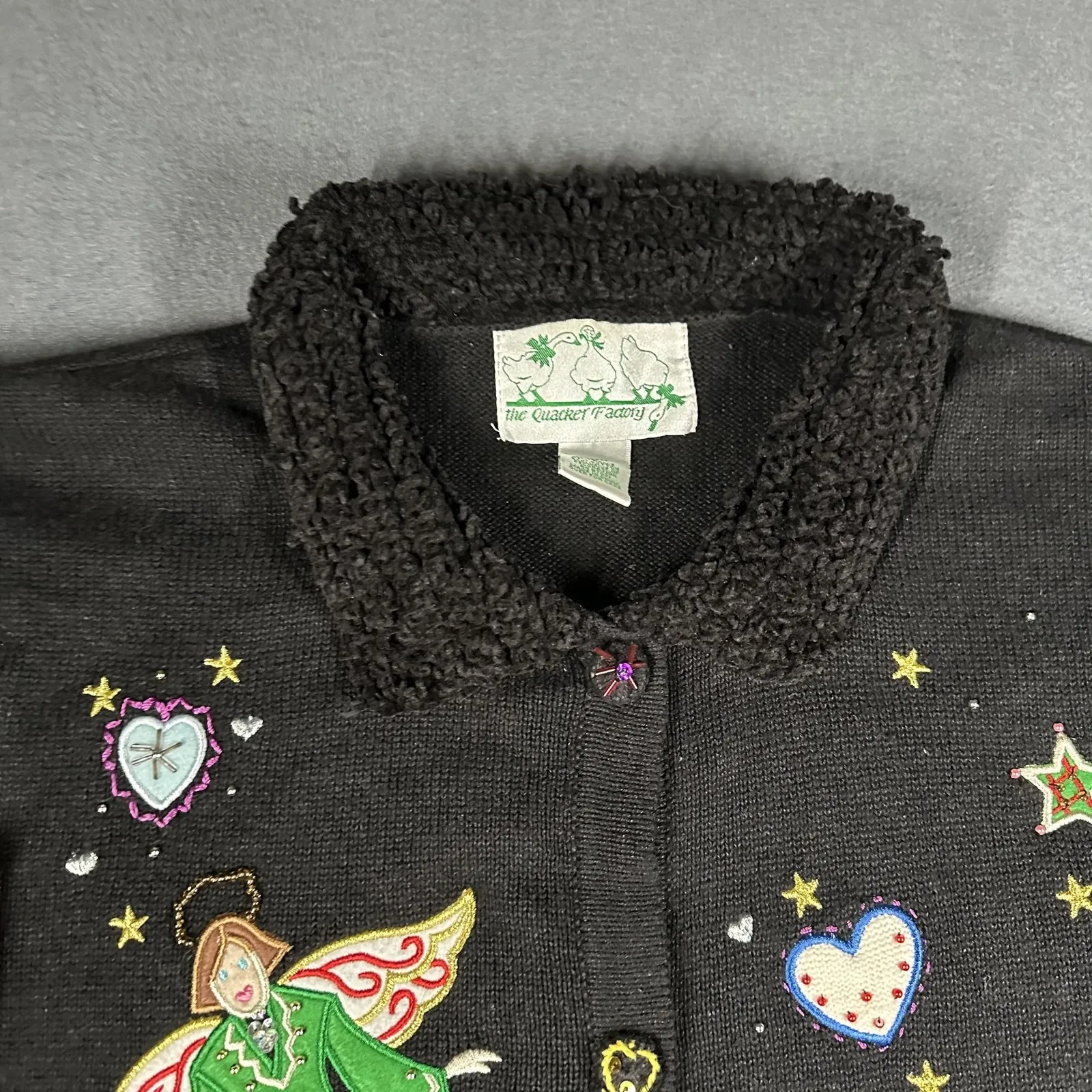 Vintage Quacker Factory Sweater Womens Large Angel Christmas Cardigan 2000s Black - Image 2