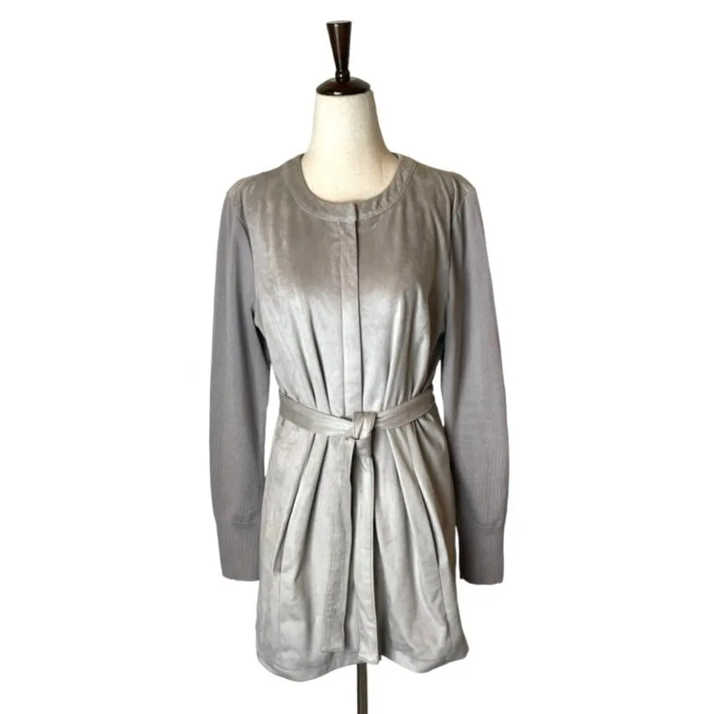 H By Halston Gray Faux Suede Knit Sleeves Tie Waist Trench Coat Jacket‎ Size 8 - Image 2