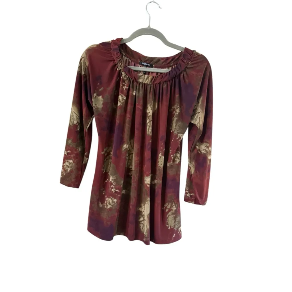 Women's Daisy Fuentes Long Sleeve Tee S Red Gold Tie-Dye - Image 8