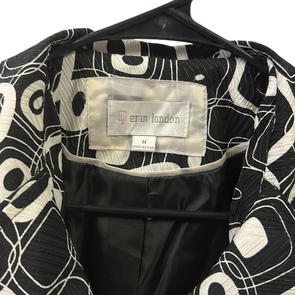 Erin London Double Breasted Geometric Print Belted Pea Coat Jacket Womens Medium Black - Image 13