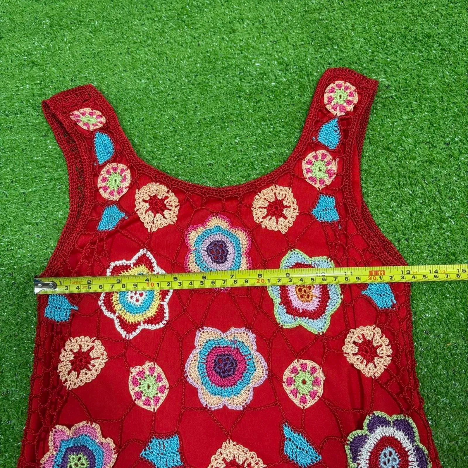 Handmade Red Crochet Womens‎ Tank Top Floral Fairycore Embroidered Abstract - Image 3