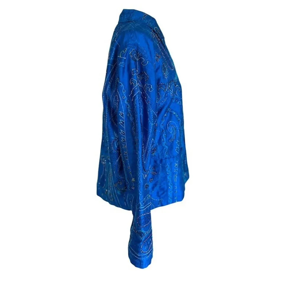CHICOS 100% Silk Blue Beaded Blazer Artsy Button Lined Embroidered Office Small - Image 5