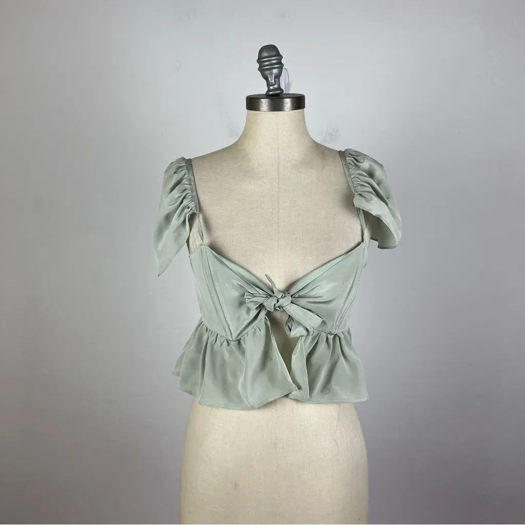 Stone Cold Fox Sage Green Silk Ruffle Tie Crop Top - Image 2