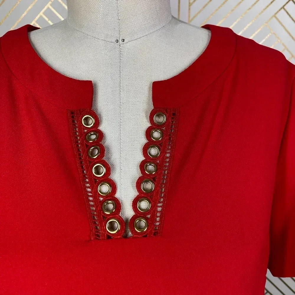 Gerard Darel Red Gold Grommet Neck Short Sleeve Sheath Dress Size‎ US 6 - Image 2