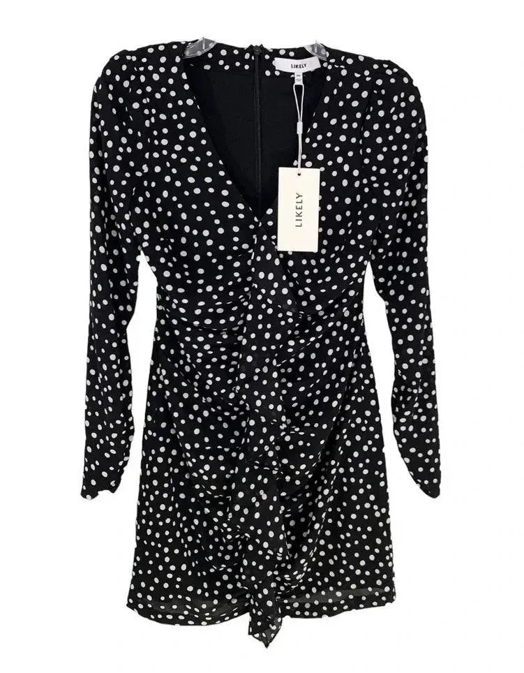 Likely Corinne Ruffle Front Polka Dot Mini Dress Black Size 00 NWT - Image 3