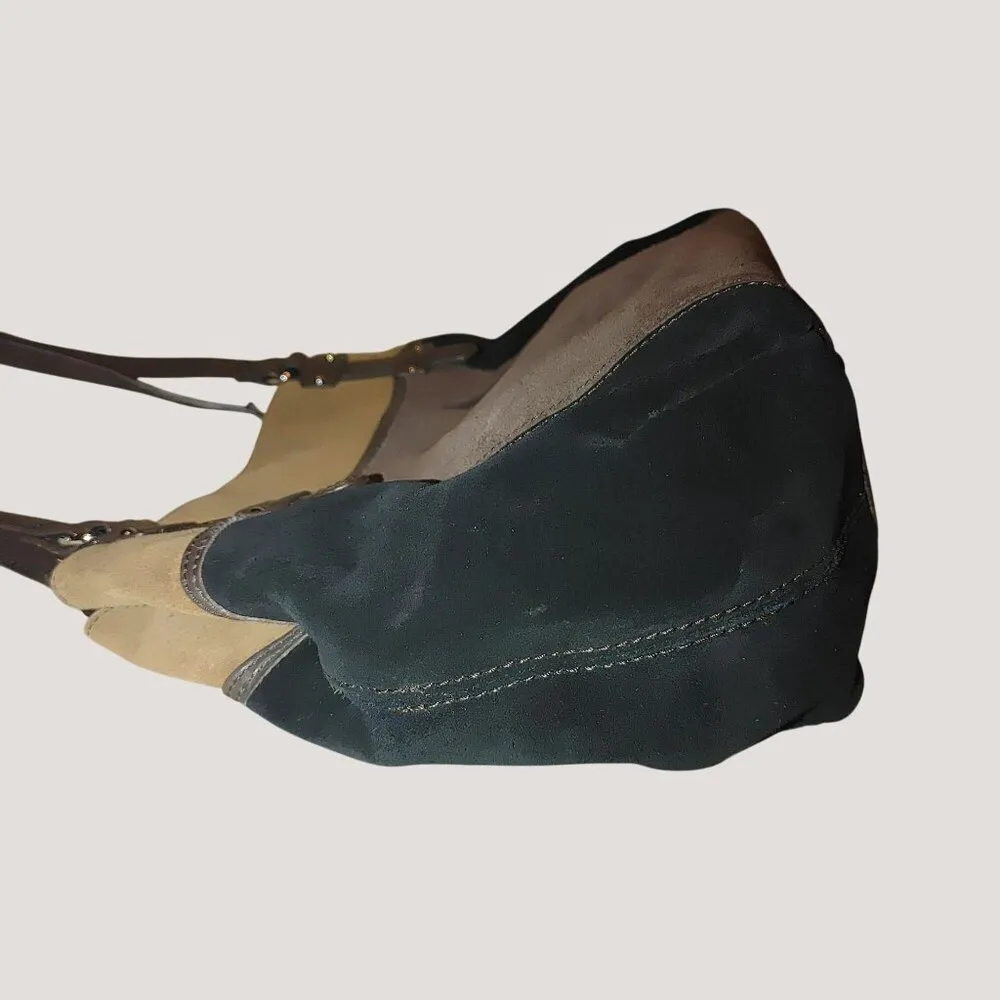 Tignanello Leather Suede Tan Black Brown Suede Shoulder Bag Silver Dual Pockets - Image 9