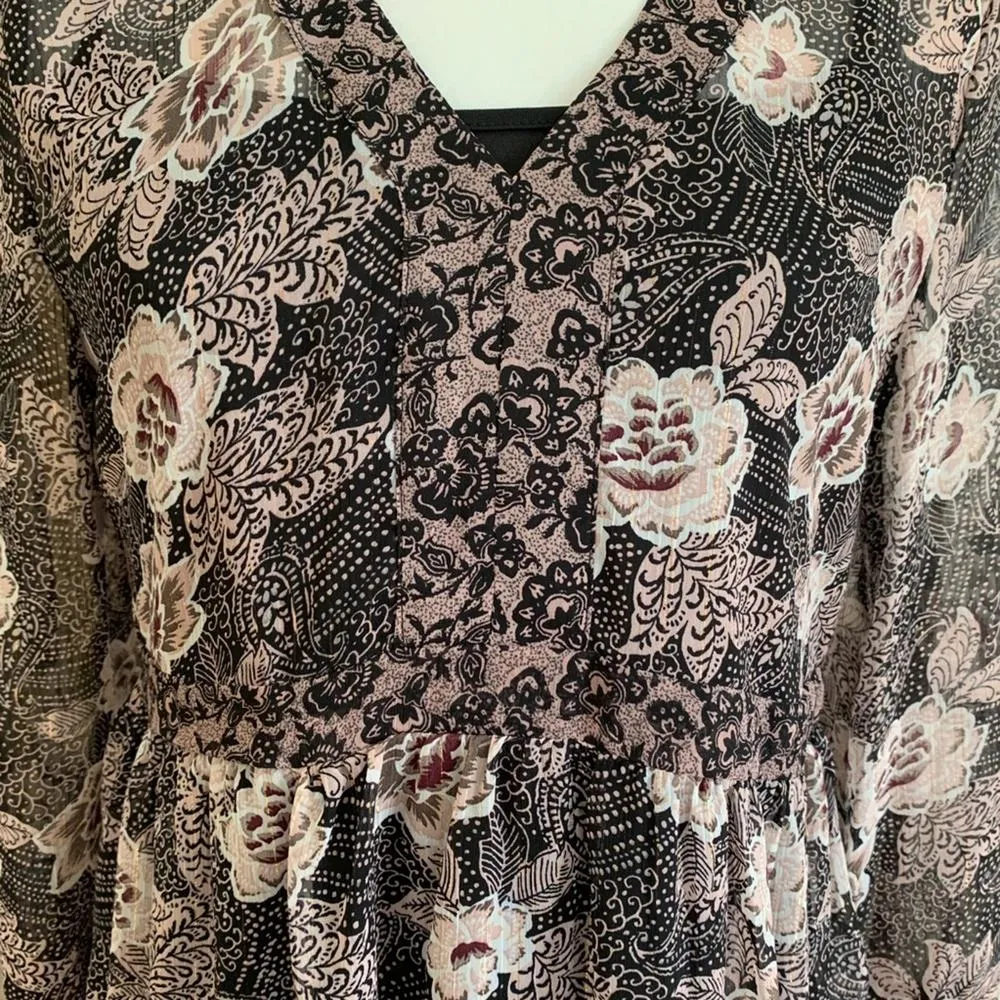 Knox Rose Dress Black Pink Floral Sheer Bell Sleeve Boho Dress Size XS - Image 14