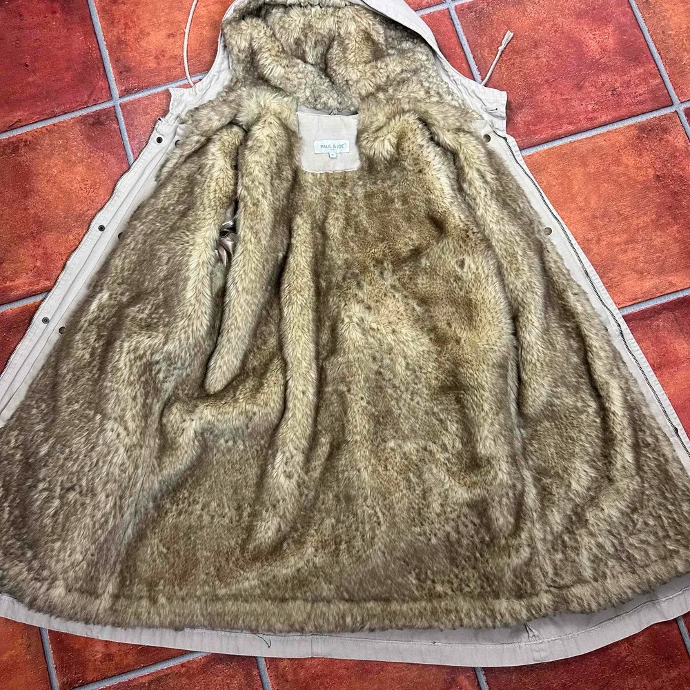 Paul & Joe Paris Faux Fur Hooded Field Jacket Size Medium Tan - Image 9