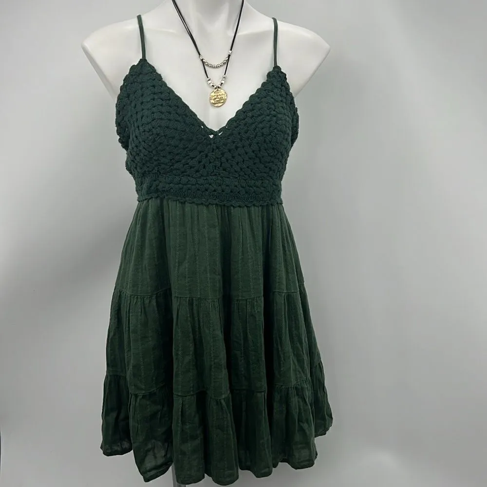 Aerie dark olive green crochet top summer mini tiered dress - Image 3