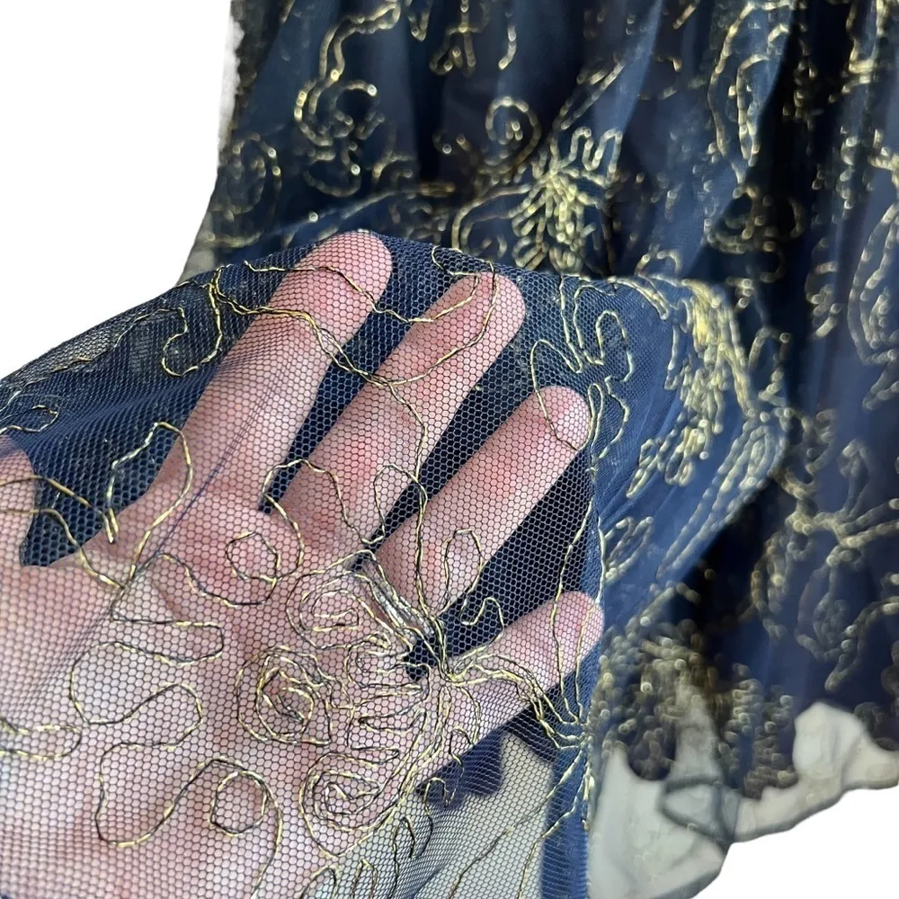 St Gillian Sportswear Vintage Drop Waist Maxi Skirt 6 Navy & Gold Sheer Fabric Blue - Image 4