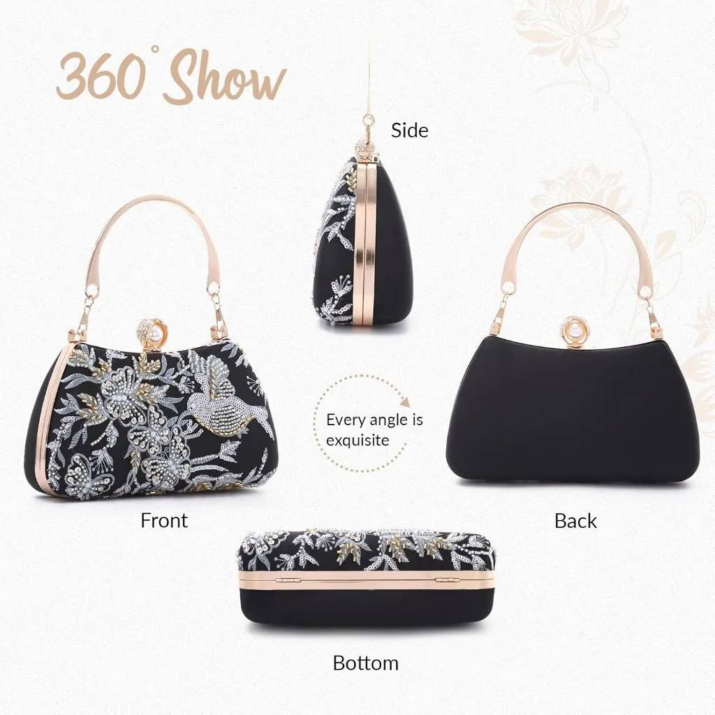 ⚡ Women's Floral Sequin Black Embroidery Evening Beaded Clutch Handbag - Image 7