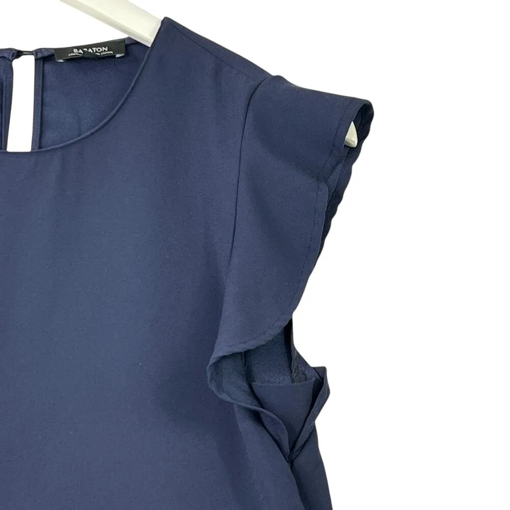 Aritzia Babaton Chaplin Flutter Sleeve Blouse Top Dark Blue S Pullover Keyhole - Image 6