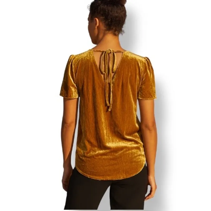 LOFT Velvet Top Gold Short Sleeve Tie Back Blouse  Flutter Sleeves Small Holiday - Image 2