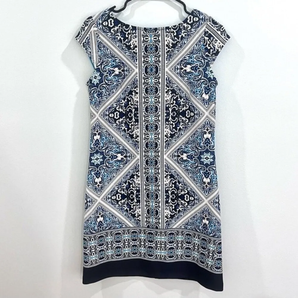 navy aqua blue and white cap sleeve sheath dress size 4 - Image 3