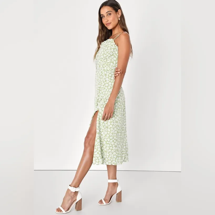 Timeless Touch Green Floral Print A-Line Midi Dress S - Image 6