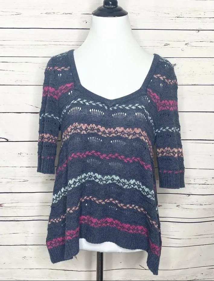 Free People Cropped Keyhole Sweater Top Size Medium Blue Stripe Wool Blend - Image 9