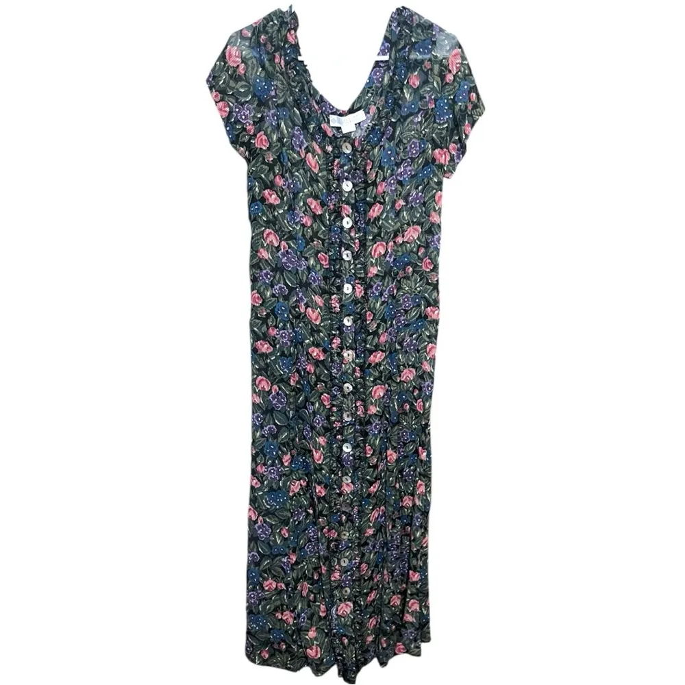 Vintage Eileen West Floral 100% Rayon Sheer Button Down Dress Medium Best Blue - Image 3