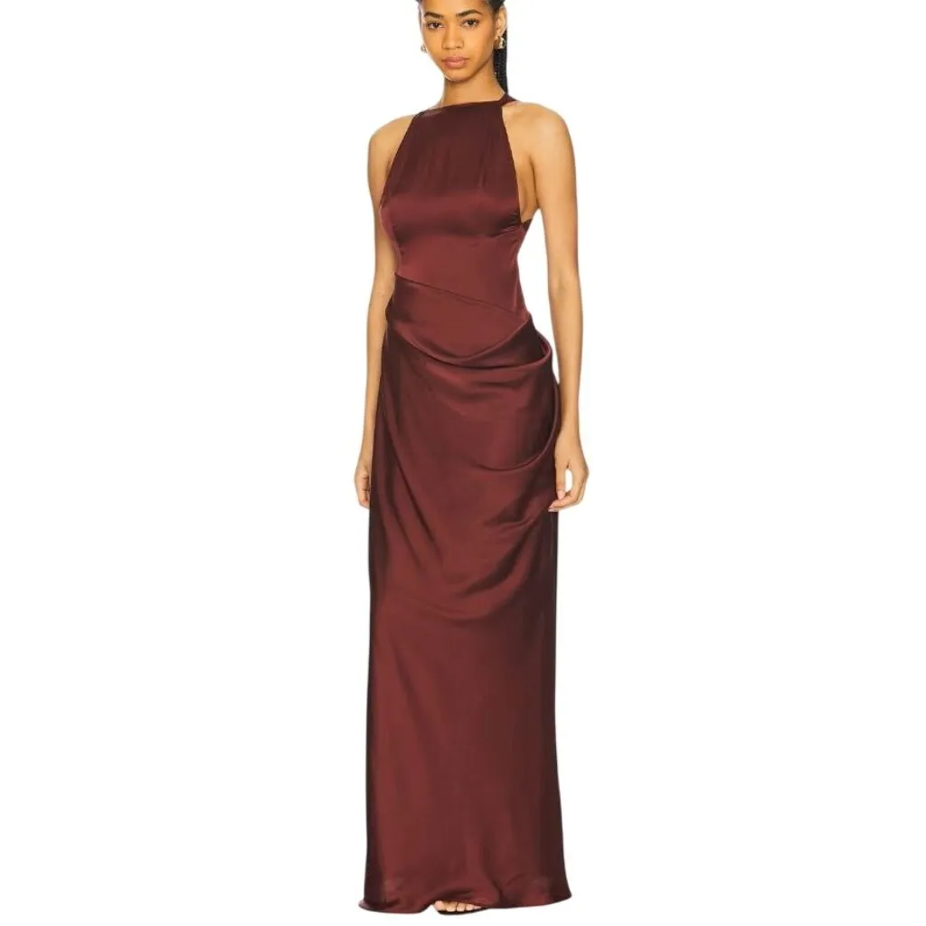 Ceren Ocak Satin Dress in Burgundy Small New Womens Long Maxi Gown Brown - Image 3