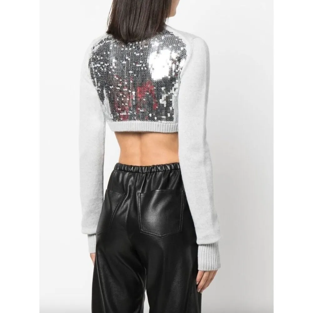 VAQUERA Cropped Knit Sequin Back Cardigan Grey Womens Size XS Silver - Image 2