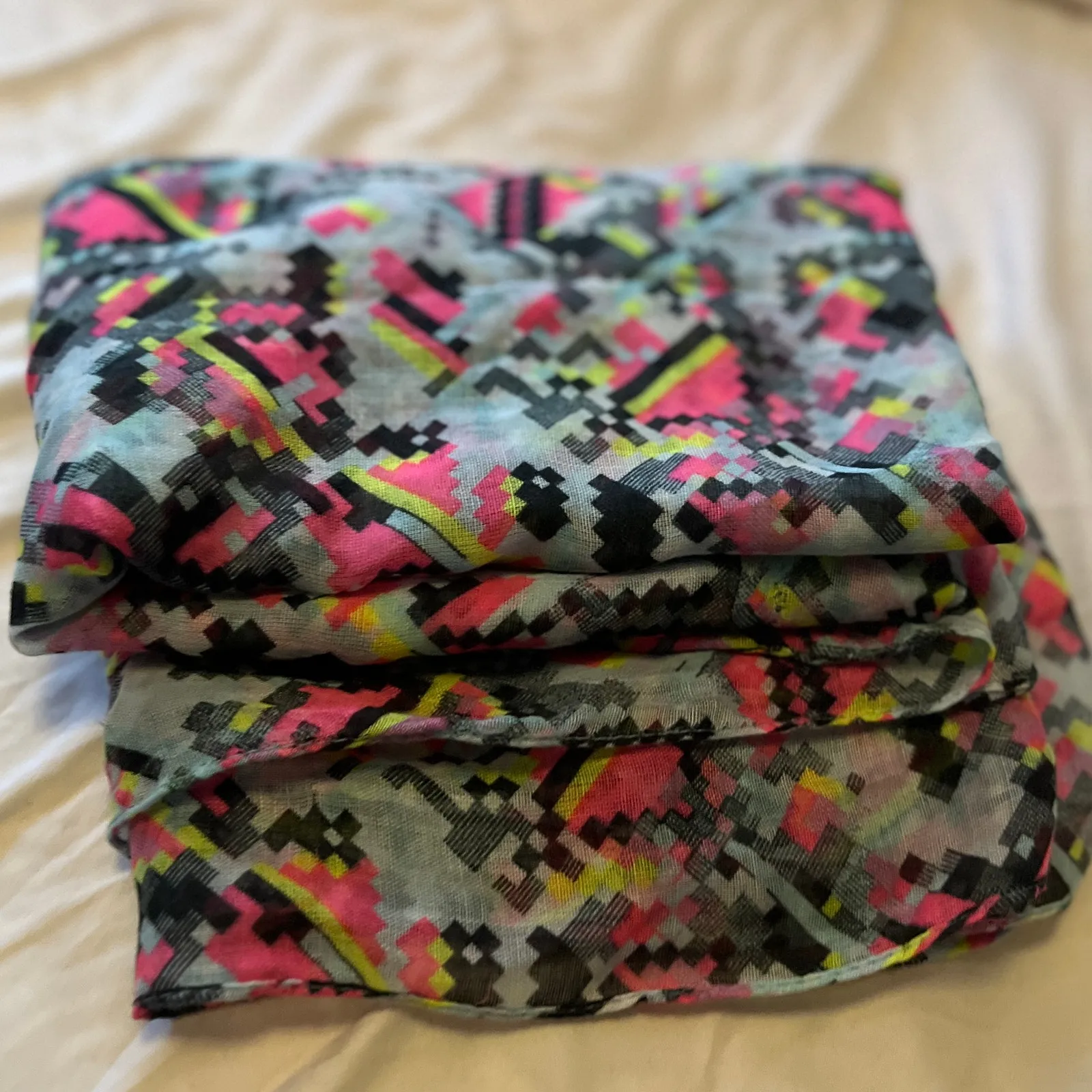 Gray + Pink + Yellow 80s Print Sheer Infinity Scarf | 2010s - Image 5