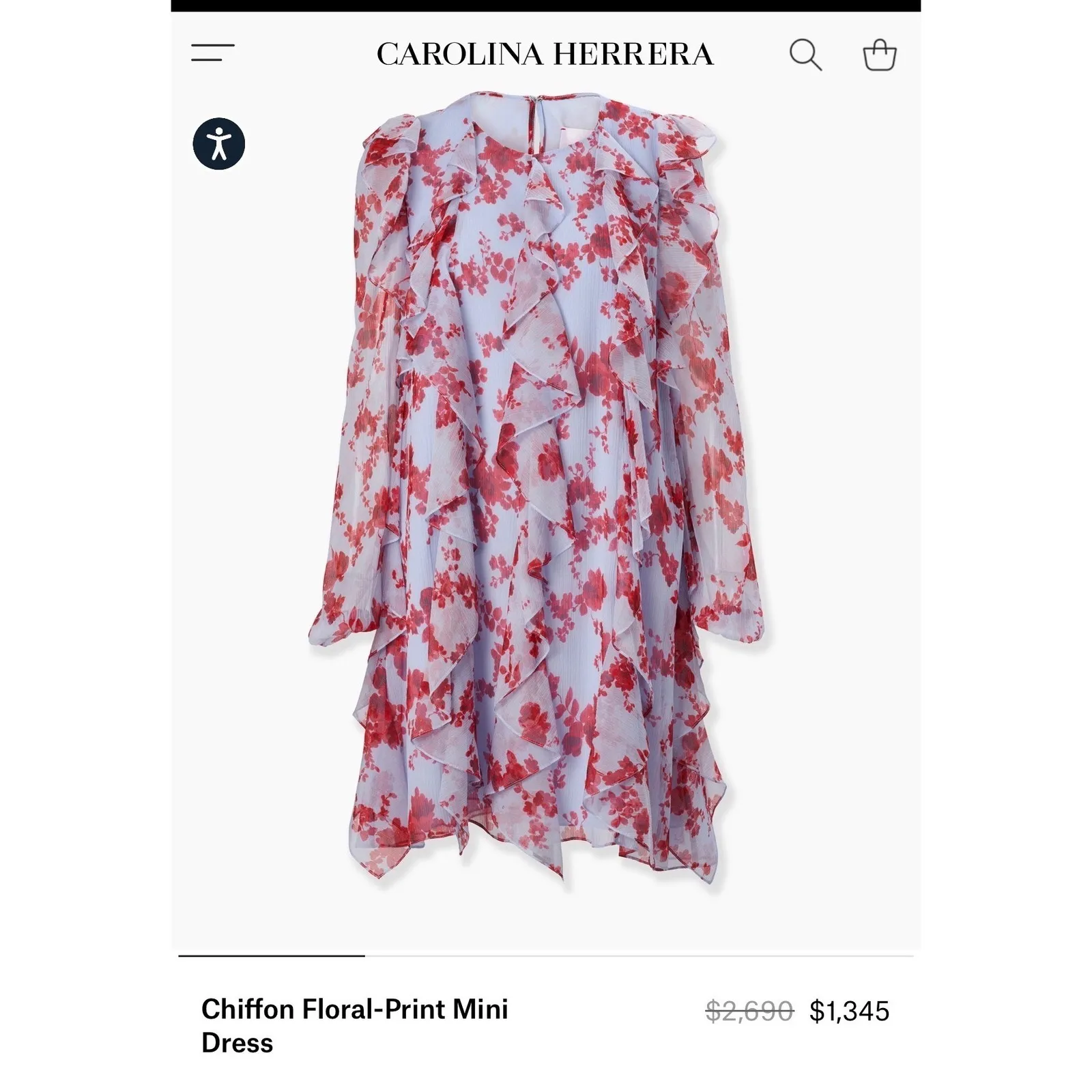 Carolina Herrera Floral Silk Chiffon Ruffle A-Line Mini Dress Blue Print Size 10 - Image 9