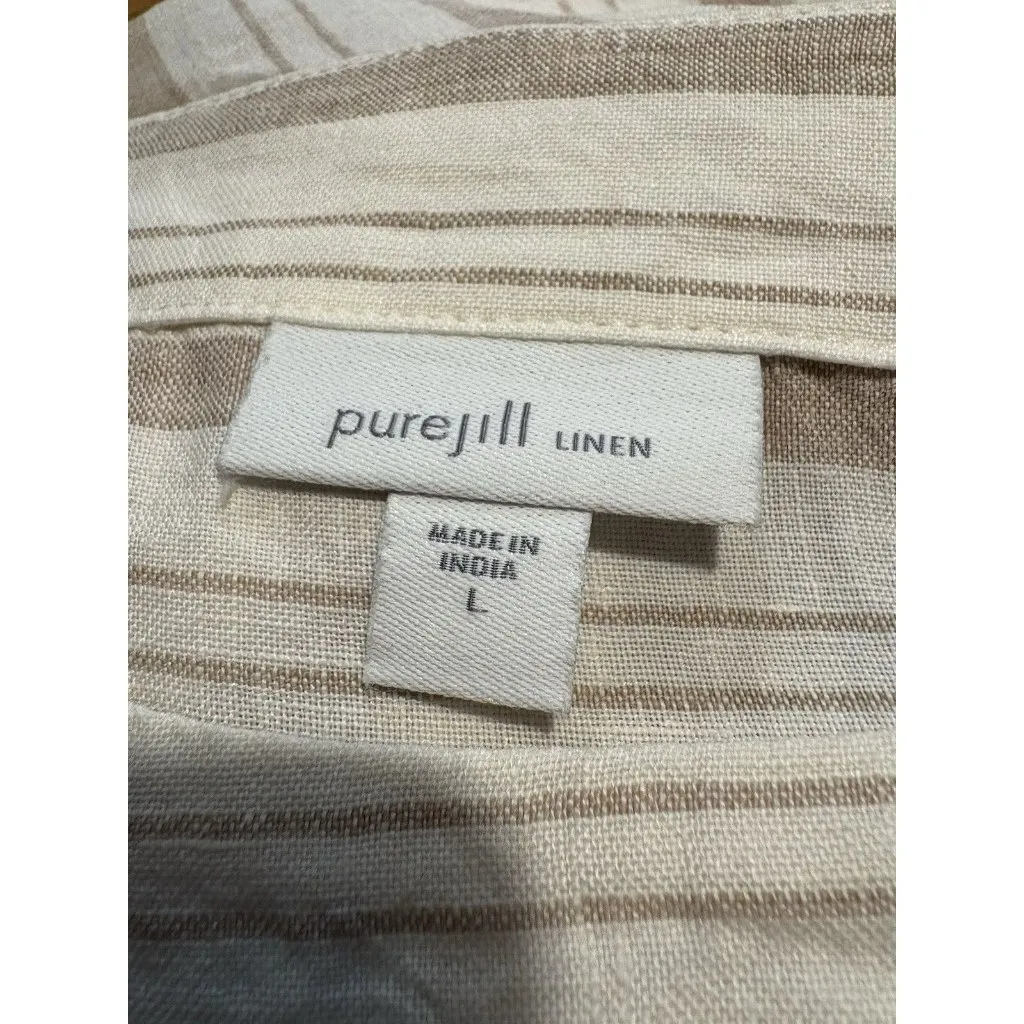 PURE JILL Linen Stripped Cream Beige Boxy Top Cottagecore Neutral Size Large - Image 4
