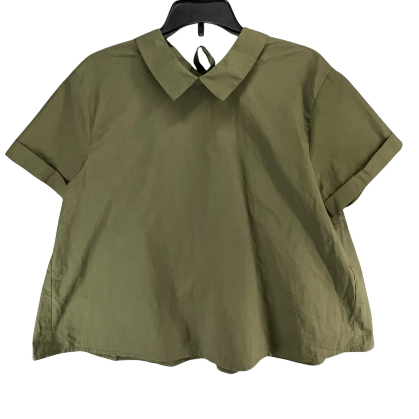 Lalu Blouse Womens S Olive Green Collared Back Cutout Tie Boxy Contemporary Top - Image 4