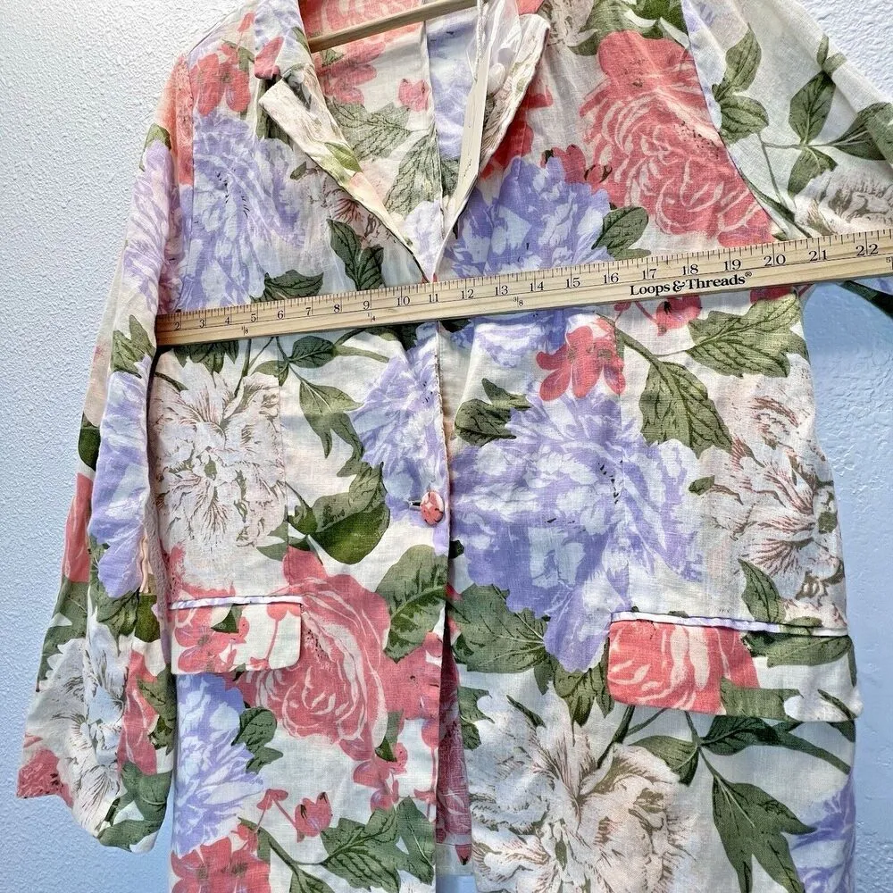 Joie 100% linen Women White Coral Lilac Floral Linen Blazer long sleeve New XL - Image 8