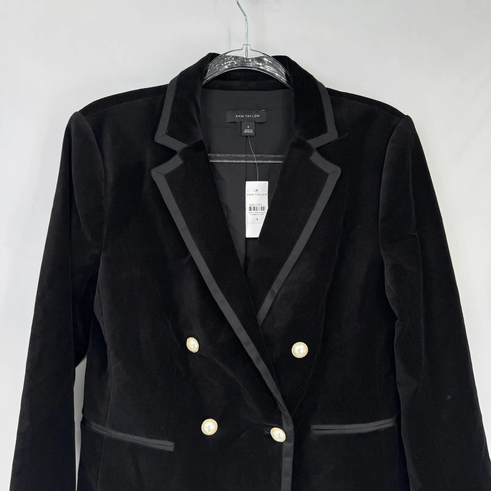 Ann Taylor Black Velvet Double Breasted Blazer Jacket Women 8 Gold Pearl Buttons - Image 3