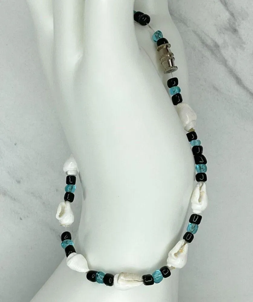 Black and Blue Beaded Seashell Screw Clasp Anklet - Image 5