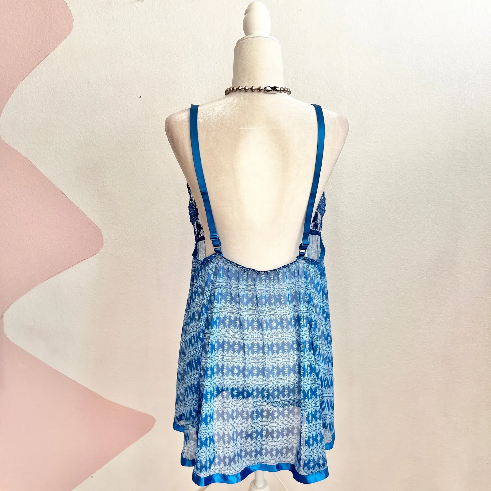 Blue Sheer Sequin Babydoll Slip‎ Top Y2K 2000s Glam Fairycore Fairy Grunge Large - Image 2