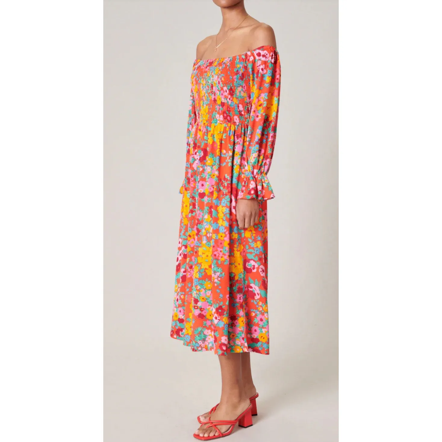 Sugar Lips Francesca Vibrant Wildflower Denni‎ Smocked Midi Dress Size Small - Image 3