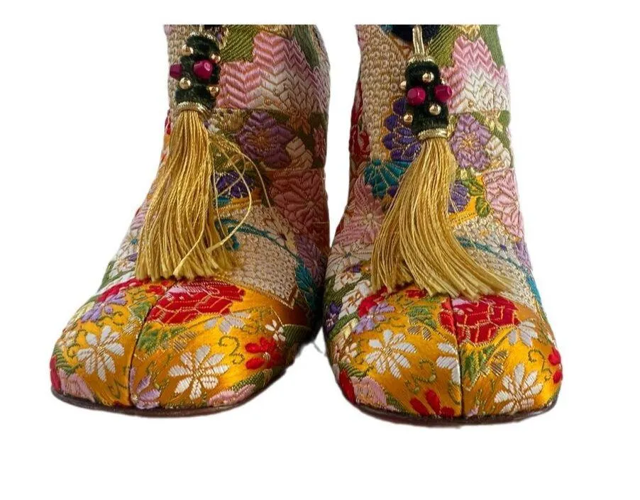 Christian Louboutin May Wong 100 Floral & Rabbit Fur Block Heel Booties - Image 4