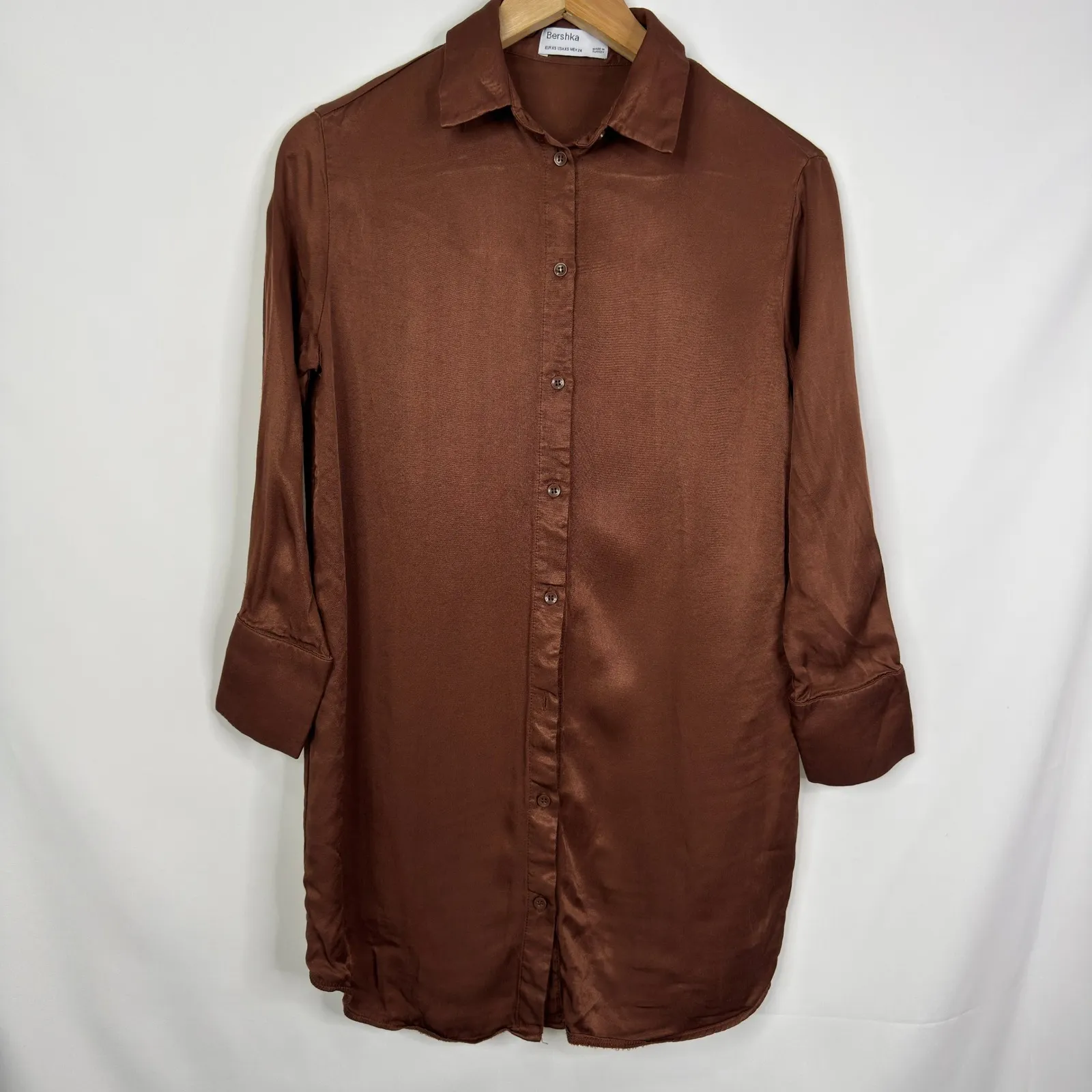 Bershka Satin Button Down Shirt Dress Brown Long Sleeve Tunic NO BELT Sz XS - Image 8