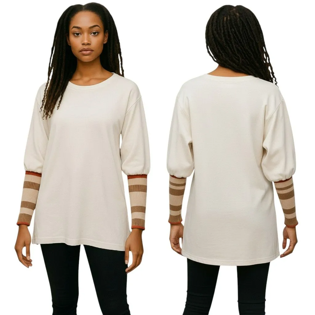 Free People Ribbed Cuff Long Sleeve Top M Cream Striped Knit Cotton - Image 2