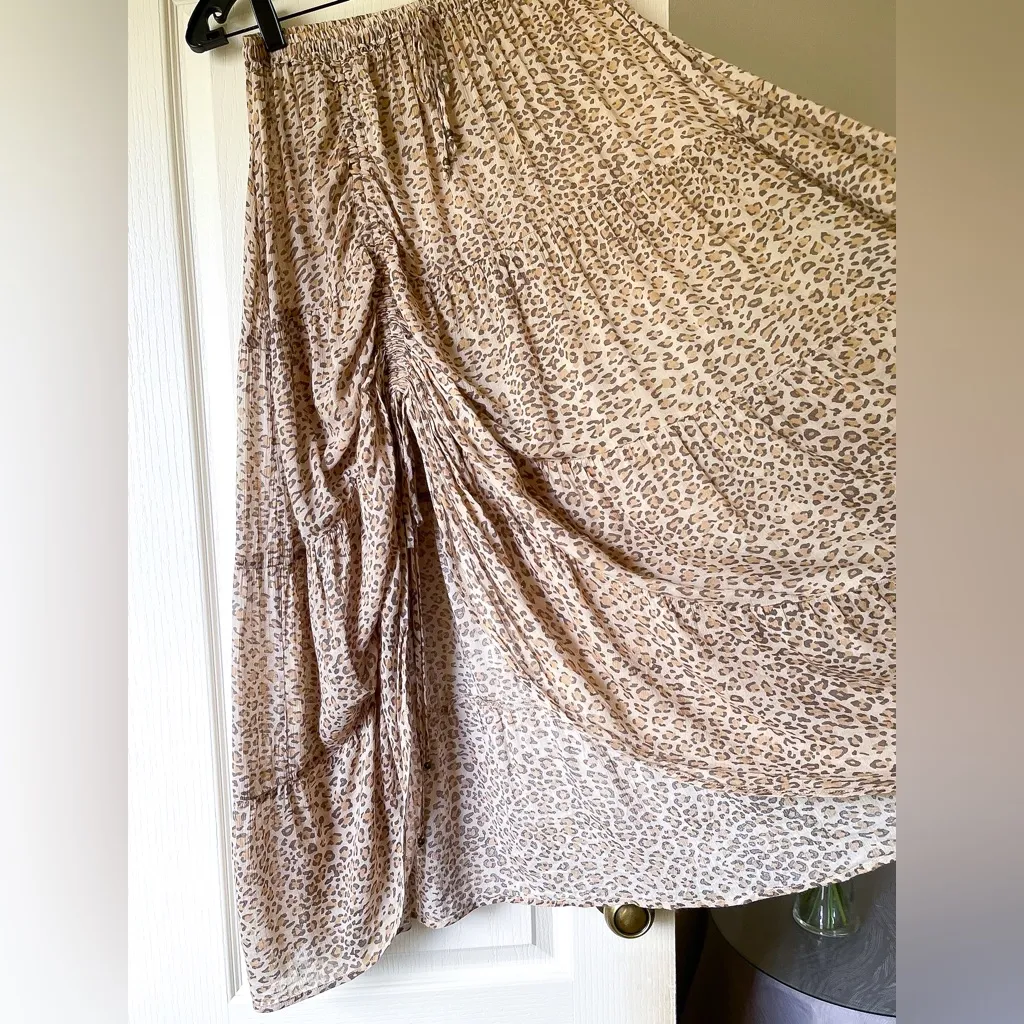 Spell Frankie Peasant Skirt Cheetah Print Boho Maxi Beige Small EUC Brown - Image 3