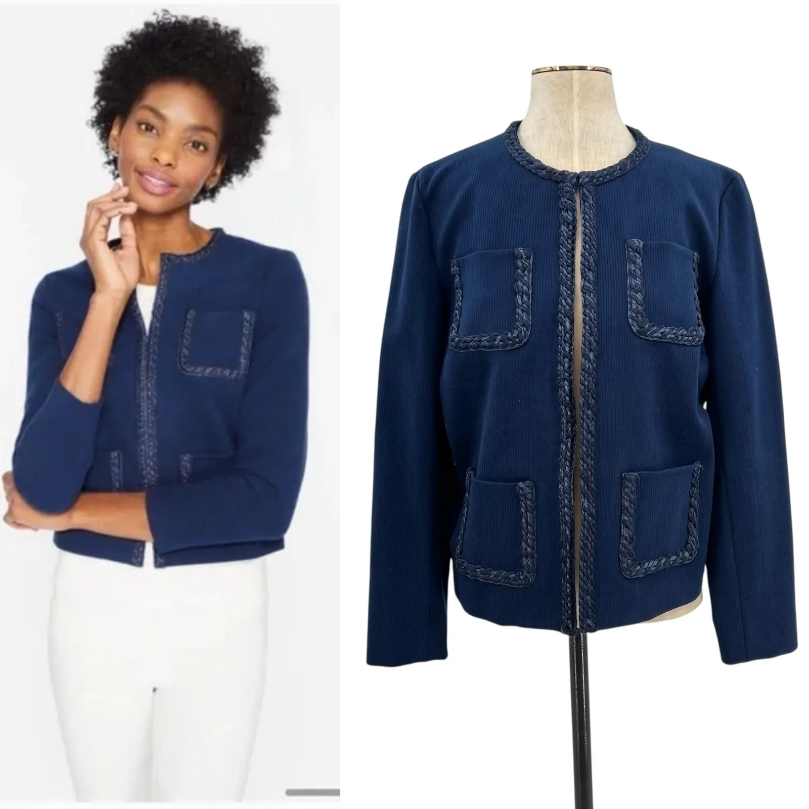 J. Mclaughlin Fanning Jacket‎ Blazer Braided Trim Navy Blue Size Large - Image 2