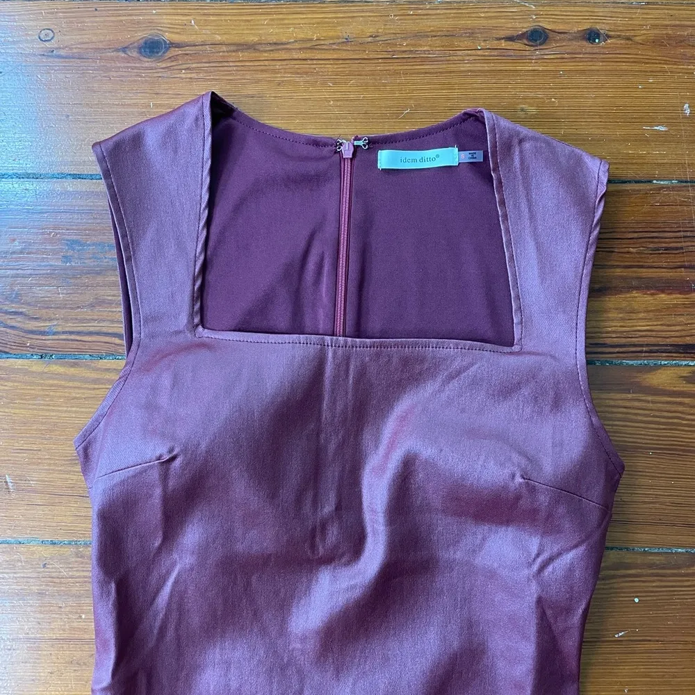 Idem Ditto Faux Leather Burgandy Square Neck 90s Mini Dress - Sz S 💚🎀 - Image 9
