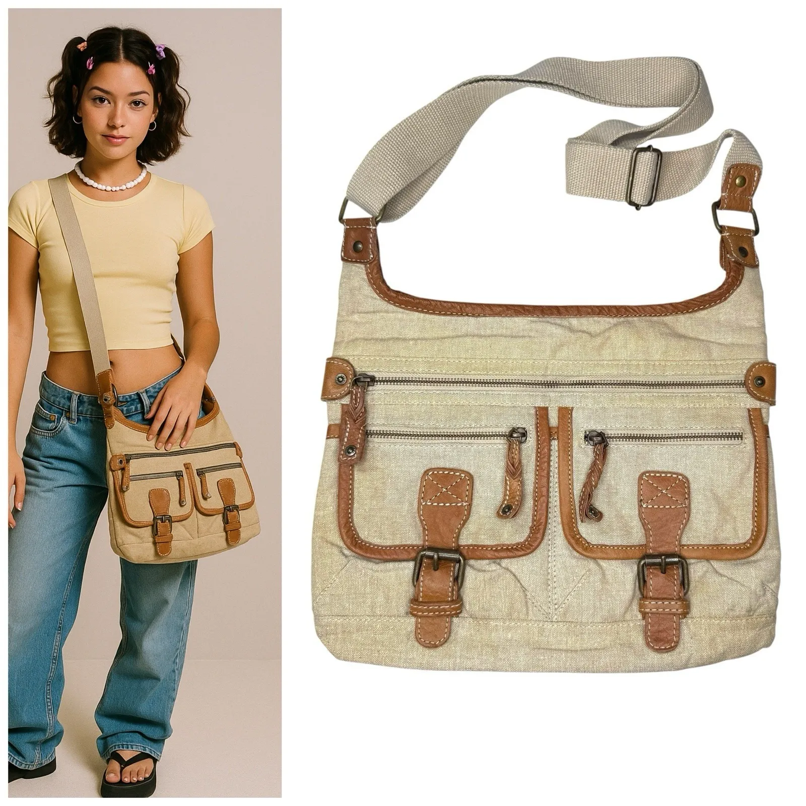 Fat Face Y2K Canvas‎ Leather Crossbody Messenger Bag Utility Pockets Rare Unused Tan - Image 2