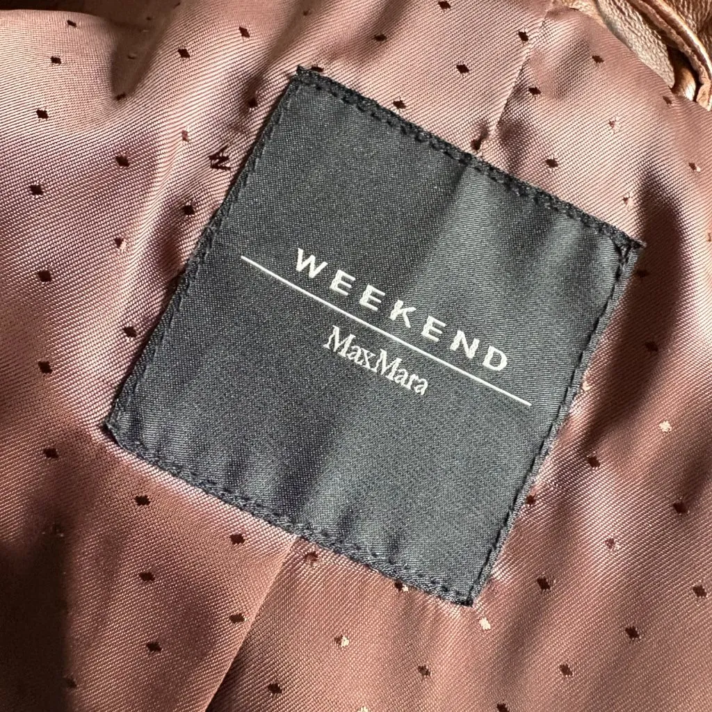 Weekend Max Mara Lambskin Leather Cognac Brown Long Sleeve Trench Coat Size 8 - Image 6