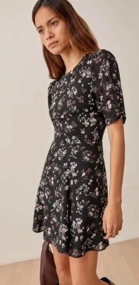 Reformation • Bard Dress mini puff sleeve Jolene black floral print georgette - Image 2