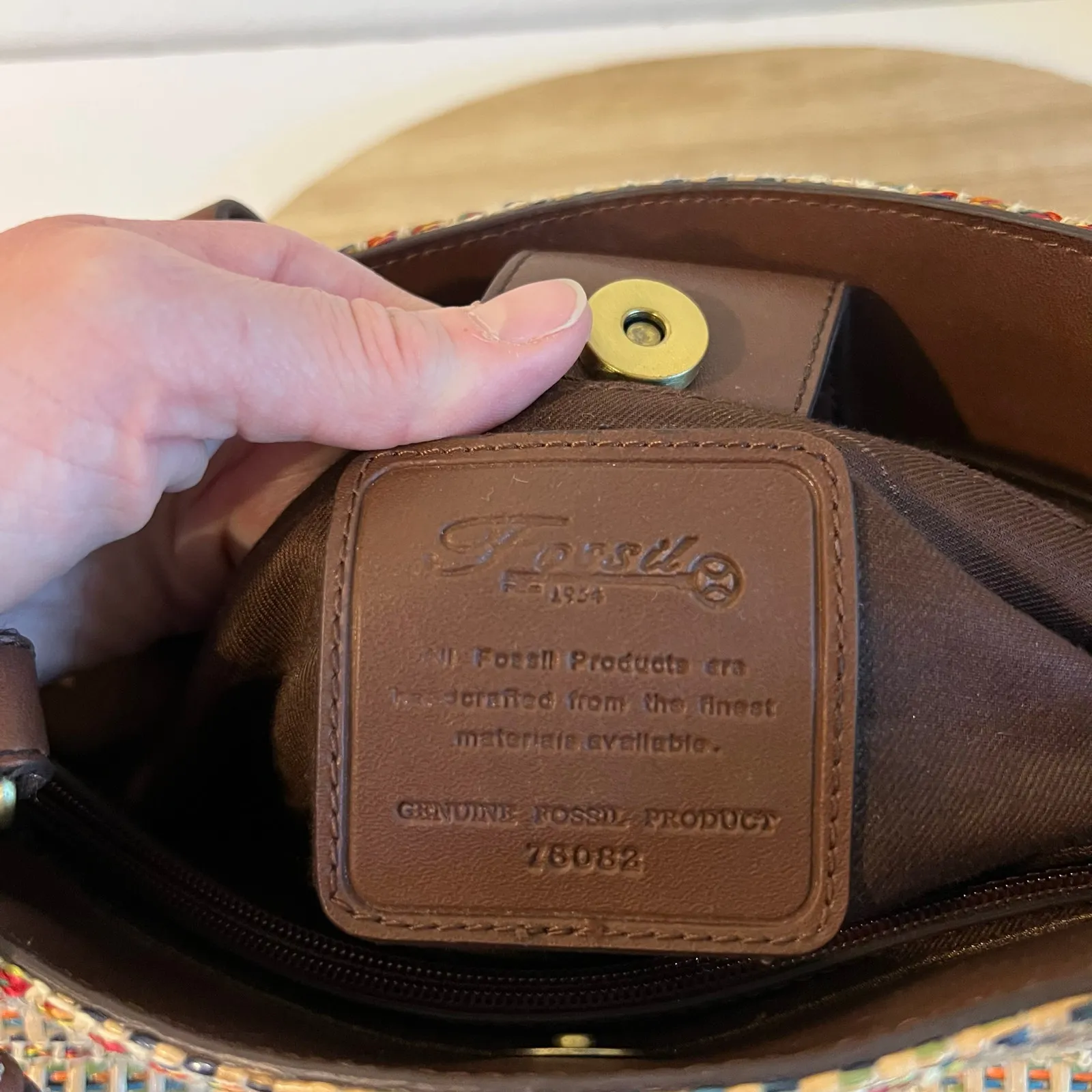 Fossil Multi Colored Woven Brown Leather Top Handle Crossbody Medium Bag - Image 10