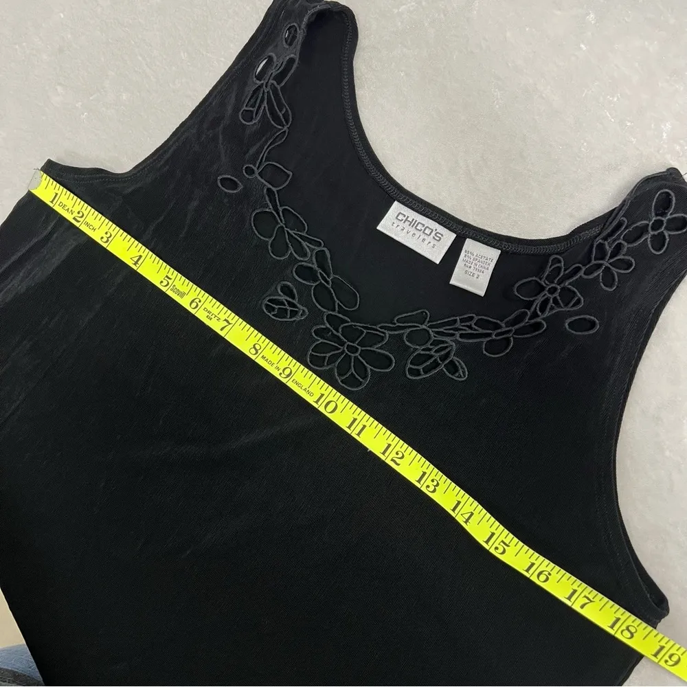 Chico's Travelers Slinky Stretchy Black Sleeveless Tank Top 2 cutout floral neck - Image 7