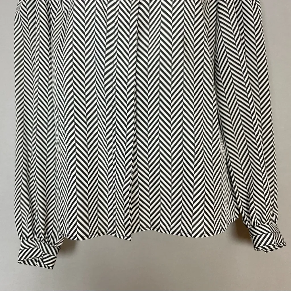 Vintage 80s Blouse Secretary Long Sleeve Mock Neck Black White Herringbone Print Size 10 - Image 5